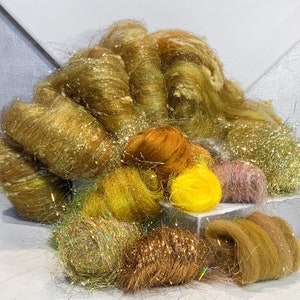 Gold, Yellow, Fiber Art kit Sampler, gold wool, mini batt option, Felting, Spinning, blending board fiber Gold palette Christmas glitter