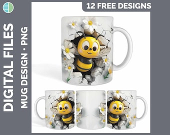 3D Hole in the Wall Bee Mug Wrap | Sublimation Coffee Cup Designs