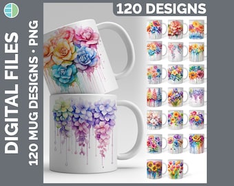 Rainbow Flowers Mug Wrap Sublimation | Style Set 2 of 3 | Floral Instant Digital Download PNG | 120 Dripping Watercolor Coffee Cup Designs