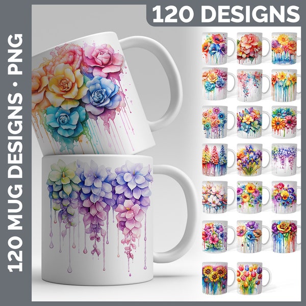 Sublimazione dell'involucro della tazza con fiori arcobaleno / Set di stili 2 di 3 / Download digitale istantaneo floreale PNG / 120 disegni di tazze di caffè ad acquerello gocciolanti