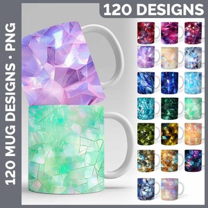 May include: 120 Designs - A set of digital files for sublimation mugs featuring geometric patterns in various colors, including pink, blue, green, and gold.