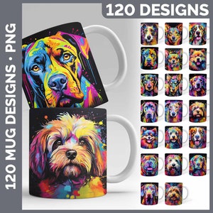May include: 120 colorful dog mug designs. The mugs feature a variety of dog breeds with vibrant, abstract paint splatters. The designs are perfect for dog lovers and make a great gift.