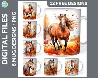 Pode incluir: Doze designs gratuitos para canecas de sublimação com um cavalo marrom correndo por um campo de folhas de outono. O cavalo tem uma crina e uma cauda esvoaçantes. O fundo é uma pintura em aquarela de uma cena de floresta com um céu azul.