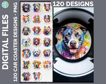 Watercolor Rainbow Dogs Car Coaster Bundle Sublimation Designs | Style Set 3 of 3 | Dog Breeds Splatter Background Coaster PNG Download