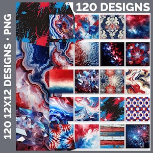May include: A collection of 120 digital designs featuring various patriotic themes, including red, white, and blue colors, stars, fireworks, and abstract patterns. The designs are perfect for creating crafts, scrapbooking, and other creative projects.