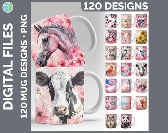 Emballage de 120 tasses pour la Saint-Valentin PNG, Méga lot de designs par sublimation les plus vendus | Tasse à café rose coeurs violets • Vache • Papillons • Poulet