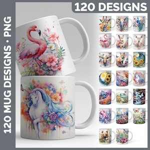 May include: White ceramic mugs with colorful watercolor designs. One mug features a flamingo surrounded by flowers, and another showcases a unicorn. The image includes the text "DIGITAL FILES" and "120 MUG DESIGNS • PNG".