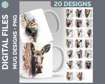 Tree Peek Woodland Animal Mug Wrap PNG Bundle, 20 Sublimation Designs, Moose Raccoon Chipmunk Digital Download, Wildlife Lover Mug Art