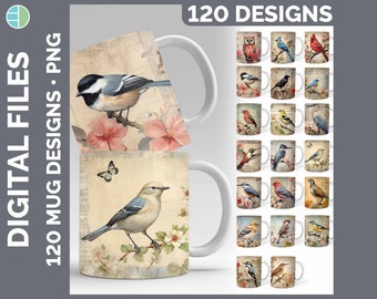 Vintage Bird Mug Mega Bundle Sublimation Download | Style Set 1 | 120 Sublimate Designs | Junk Journal Hummingbirds • Owl Mug Wraps PNG