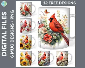Watercolor Cardinal Mug Wrap PNG Sublimation Design Bundle | Sunflower Coffee Cup Instant Download