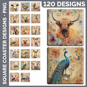 May include: A set of 120 digital square coaster designs featuring various animals and floral patterns. The designs include a highland cow, a peacock, a pig, a turtle, a rooster, a goose, a llama, a donkey, a sheep, and more. The designs are in a vintage style with a distressed background.