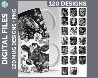 120 Linocut Mug Wrap PNG Best Sellers Sublimation Designs Mega Bundle | Style Set 1 of 3 | Black and White Coffee Cup HUGE Bundle Download