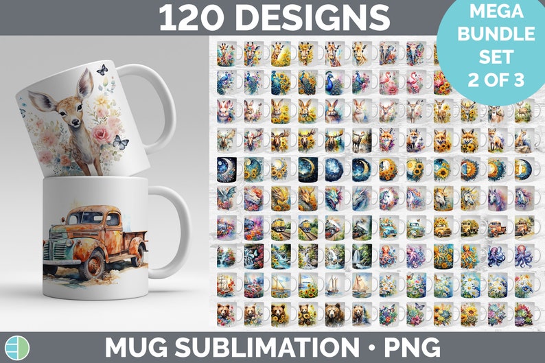 120 Watercolor Mug Wrap PNG Best Sellers Sublimation Designs Mega Bundle Style Set 2 of 3 Sunflower Coffee Cup HUGE Bundle Download image 2