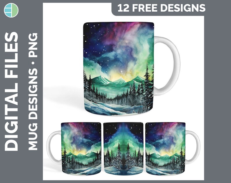 K&ouml;nnte beinhalten: Ein Set mit vier Becherdesigns, die eine Aquarellmalerei einer verschneiten Berglandschaft mit einem farbenfrohen Nordlicht am Himmel zeigen. Die Designs sind perfekt f&uuml;r den Sublimationsdruck.