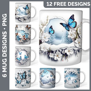 3D Hole in a Wall Winter Butterflies Mug Wrap PNG Sublimation Designs Bundle | 3D Snow Coffee Cup Instant Download