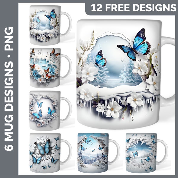 3D Hole in a Wall Winter Butterflies Mug Wrap PNG Sublimation Designs Bundle | 3D Snow Coffee Cup Instant Download