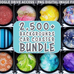 Può includere: Una collezione di sottobicchieri per auto con vari design, tra cui glitter rossi, arte astratta e motivi floreali. L'immagine presenta il testo "2,500+ BACKGROUNDS CAR COASTER BUNDLE."