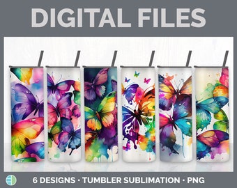 Rainbow Butterflies Tumbler Bundle, Sublimation, Watercolor Butterfly 20 oz Skinny Tumbler Designs, PNG Instant Download