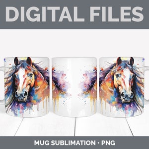 May include: A sublimation design featuring a watercolor painting of a horse's head with colorful splashes of paint. The design is shown on a white mug.