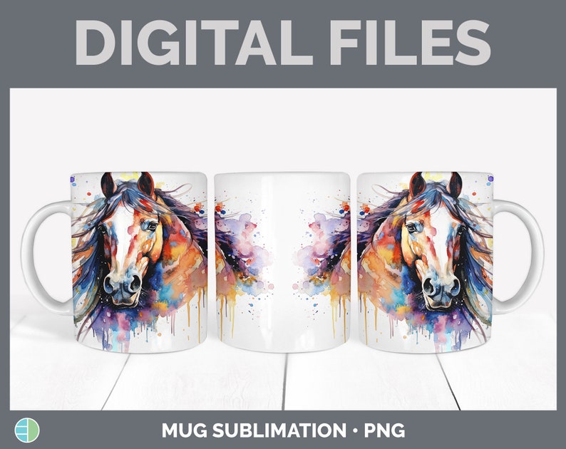 May include: A sublimation design featuring a watercolor painting of a horse's head with colorful splashes of paint. The design is shown on a white mug.