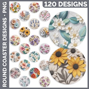 May include: 120 round floral designs for coasters. The designs feature various flowers, including sunflowers, daisies, and lilies, in shades of yellow, white, and pink. The designs are arranged in a circle and have a 3D effect.
