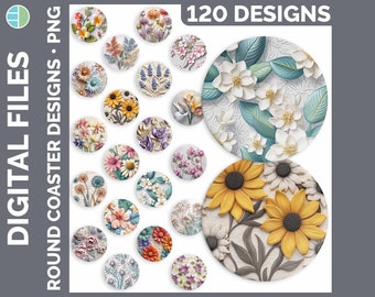 3D Flower Coaster Bundle Sublimation PNG Best Sellers Sublimation Designs | Style Set 3 of 3 | Round Coasters HUGE Bundle Download