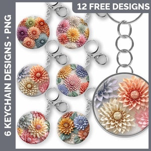 May include: Twelve free designs for keychains featuring colorful paper flower arrangements. The designs include a variety of colors and patterns, including pink, orange, yellow, and white.