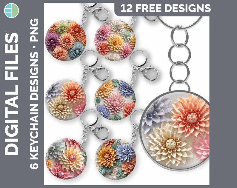 May include: Twelve free designs for keychains featuring colorful paper flower arrangements. The designs include a variety of colors and patterns, including pink, orange, yellow, and white.