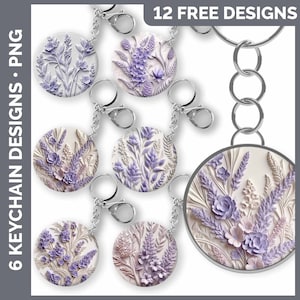 May include: Six different designs of lavender floral keychains. Each keychain features a round, silver-colored charm with a detailed image of lavender flowers and leaves on a white background. The charms are attached to silver key rings.