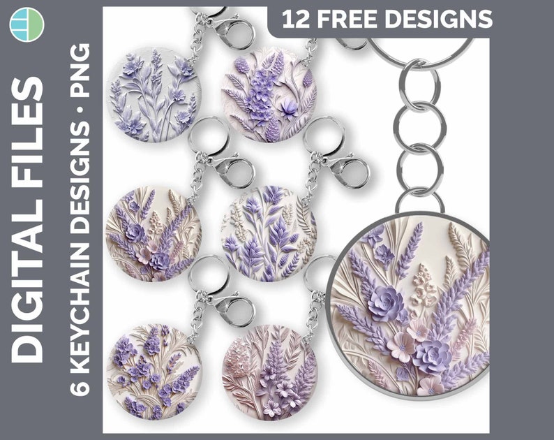 May include: Six different designs of lavender floral keychains. Each keychain features a round, silver-colored charm with a detailed image of lavender flowers and leaves on a white background. The charms are attached to silver key rings.