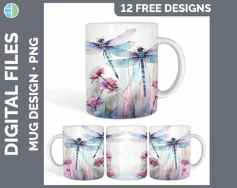 Watercolor Dragonfly Mug Wrap | Sublimation Coffee Cup Designs