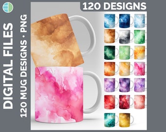 120 Solid Watercolor Mug Wrap PNG Sublimation Designs Mega Bundle | Coffee Cup Backgrounds HUGE Bundle Download