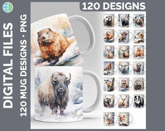 Winter Woodland Animals Mug Wrap PNG Sublimation Designs Mega Bundle | Style Set 1 | Coffee Cup HUGE Bundle Download | Bear Deer Moose Bison
