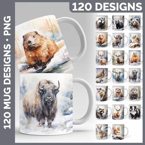 Winter Woodland Animals Mug Wrap PNG Sublimation Designs Mega Bundle | Style Set 1 | Coffee Cup HUGE Bundle Download | Bear Deer Moose Bison