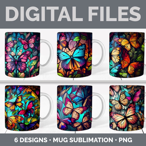 Stained Glass Butterfly Mug Sublimation Backgrounds PNG Designs, Bugs Mug Background, Butterflies Instant Download PNG