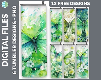 Pacchetto di design per sublimazione PNG con farfalla verde / Download immediato di un bicchiere sottile da 20 once con acquerello