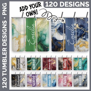 May include: 120 digital designs for tumblers featuring various marble patterns with gold accents. The designs include names like "Emelia", "Bridesmaid", "Nurse", "Dance Life", "Family", and "Blessed".
