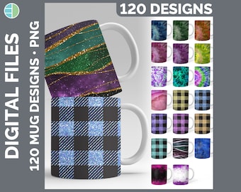 Lot d'emballages pour tasses Sublimation | Arrière-plans de tasse à café tie-dye PNG | Tissu écossais Buffalo • Rose • Rouge • Orange • Jaune • Bleu • Vert • Violet