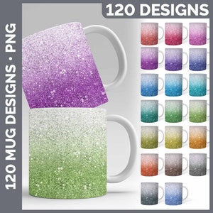 May include: 120 designs of sublimation graphics for mugs. The designs feature a glitter ombre effect in various colors, including purple, green, blue, orange, and gray.