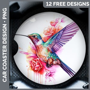 May include: A colorful hummingbird with iridescent feathers and a long beak is perched on a branch with pink and red flowers. The background is a watercolor wash of pink and blue.