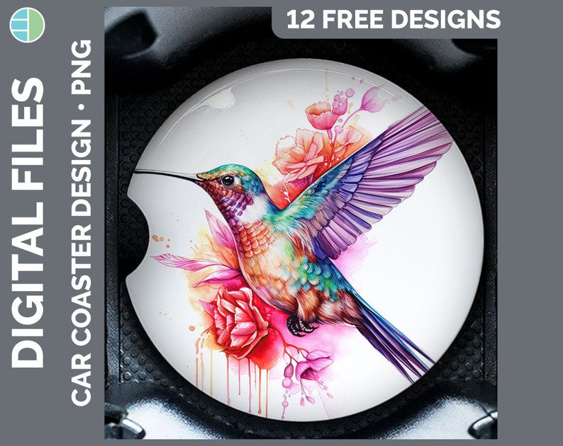 May include: A colorful hummingbird with iridescent feathers and a long beak is perched on a branch with pink and red flowers. The background is a watercolor wash of pink and blue.