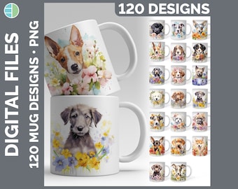 Watercolor Floral Dog Mug Mega Bundle Sublimation Download | Style Set 3 of 4 | Digital Download PNG | 120 Sublimate Designs | Dog Mug Wraps