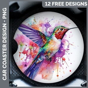 May include: A watercolor painting of a hummingbird with purple, green, and red feathers. The hummingbird is flying with its wings spread out. The background is a white circle with pink, purple, and blue watercolor splatters.