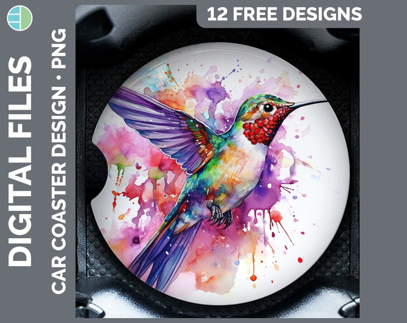 May include: A watercolor painting of a hummingbird with purple, green, and red feathers. The hummingbird is flying with its wings spread out. The background is a white circle with pink, purple, and blue watercolor splatters.