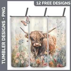 Farm Butterflies Highland Cow Tumbler | Sublimation 20 oz Skinny Tumbler Designs