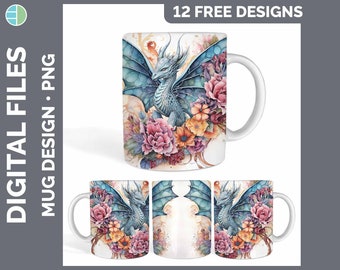 Watercolor Dragon Mug Wrap | Sublimation Coffee Cup Designs