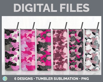 Pink Camo Tumbler Wrap PNG Bundle, 6 Glitter Camouflage Sublimation Designs, Pink Camo Skinny Tumbler Digital Download, Camo Tumbler Art