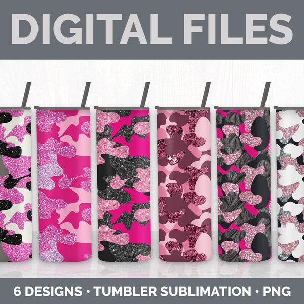 Glitter Pink Camo Tumbler PNG - Camouflage Sublimation Designs - Skinny Tumbler Bundle