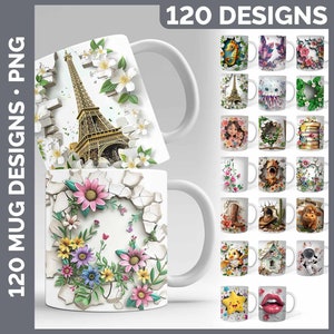 120 diseños de sublimación más vendidos en formato PNG con agujero en la pared en 3D / Conjunto de estilos 4 de 4 / Paquete ENORME de taza de café con dibujos animados adorables para descargar