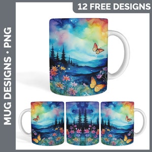 K&ouml;nnte beinhalten: Zw&ouml;lf kostenlose Designs f&uuml;r Sublimationsbecher mit einer Aquarelllandschaft mit einem Regenbogen, Schmetterlingen und Blumen. Die Designs sind perfekt, um personalisierte Becher f&uuml;r jeden Anlass zu erstellen.